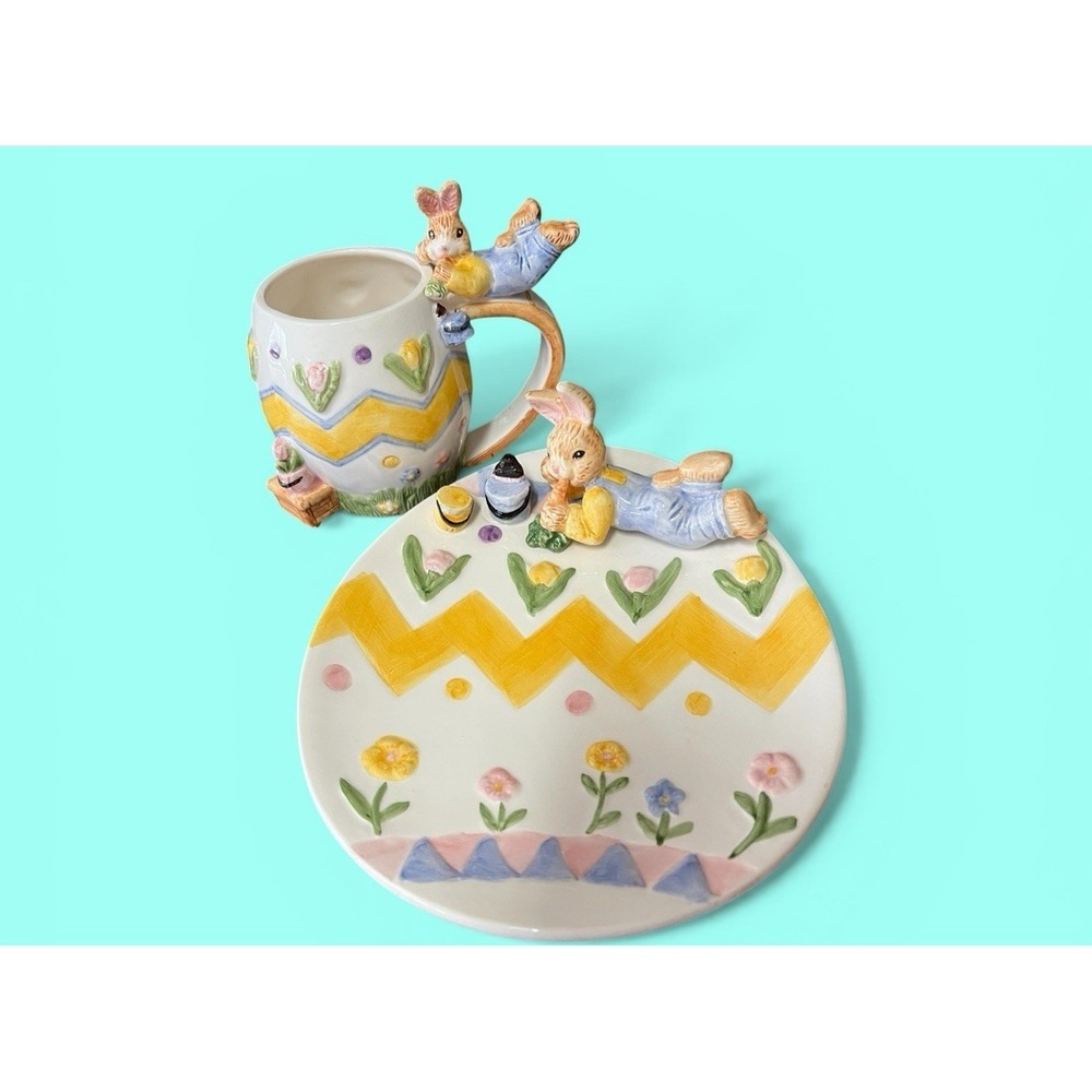Fitz & Floyd Omnibus Eggspress Bunny Rabbit Plate Cup Set Pastel Spring Vintage